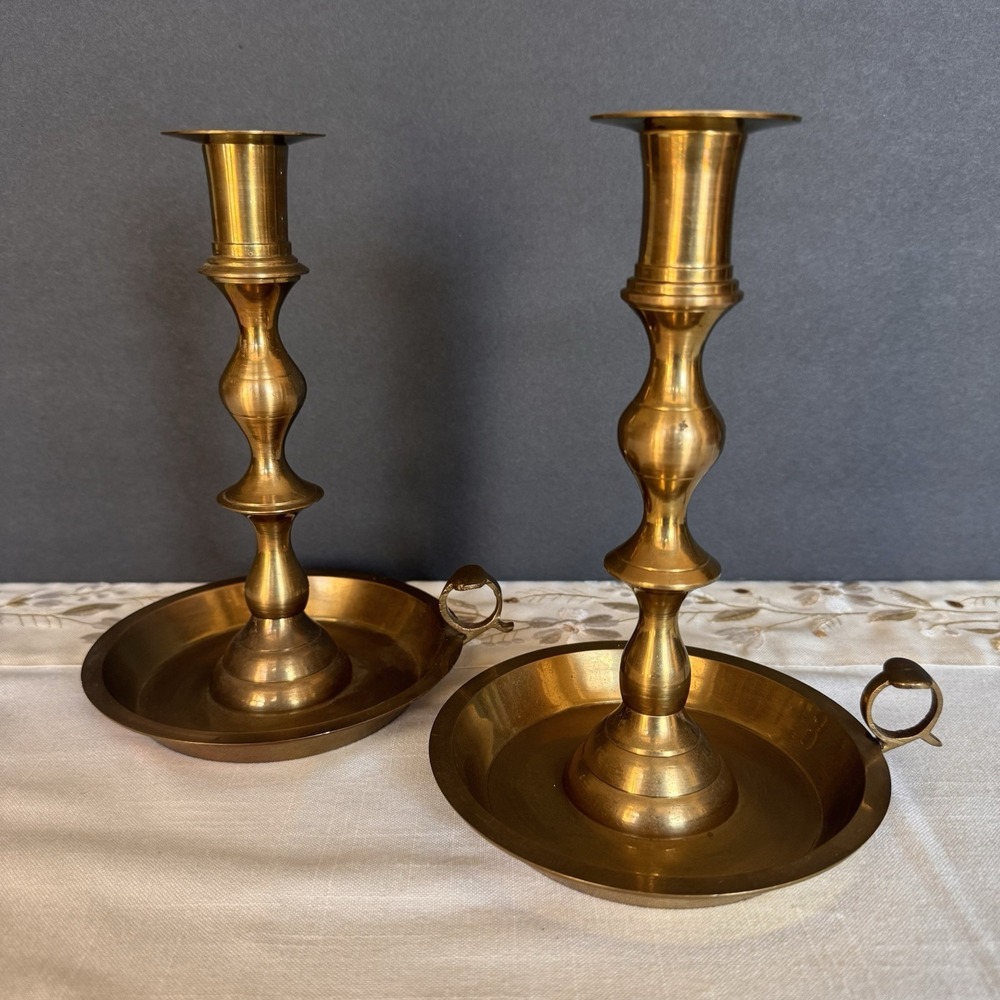 Pair 8" Vintage Hosley Solid Brass Candlestick Holders Drip Pan Finger Loop MCM